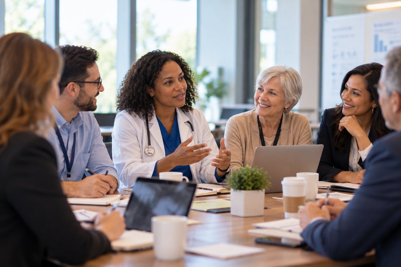 Clinicians and community members meeting around a table