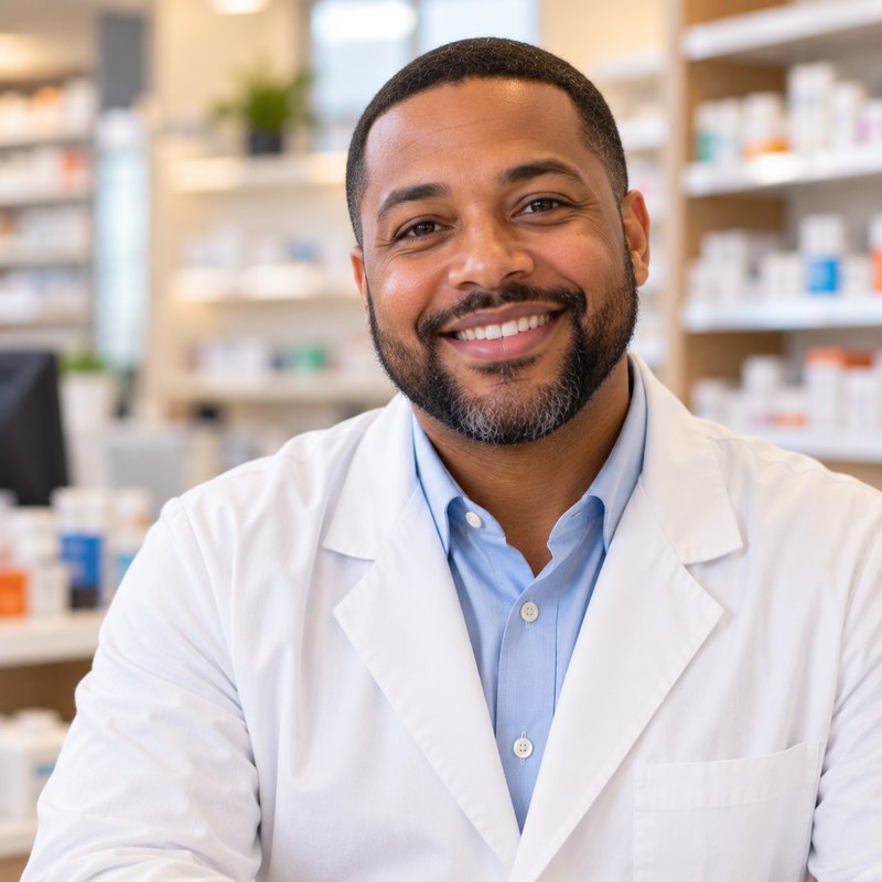 Smiling man in a white coat at a pharmacy