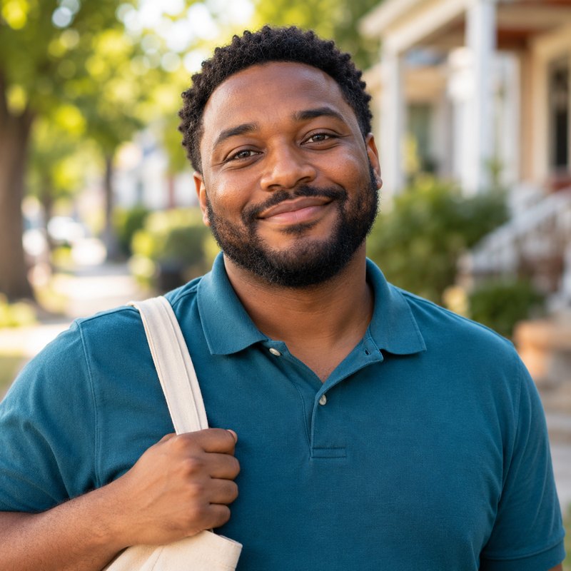 Smiling man in a teal polo carrying a tote bag outdoors