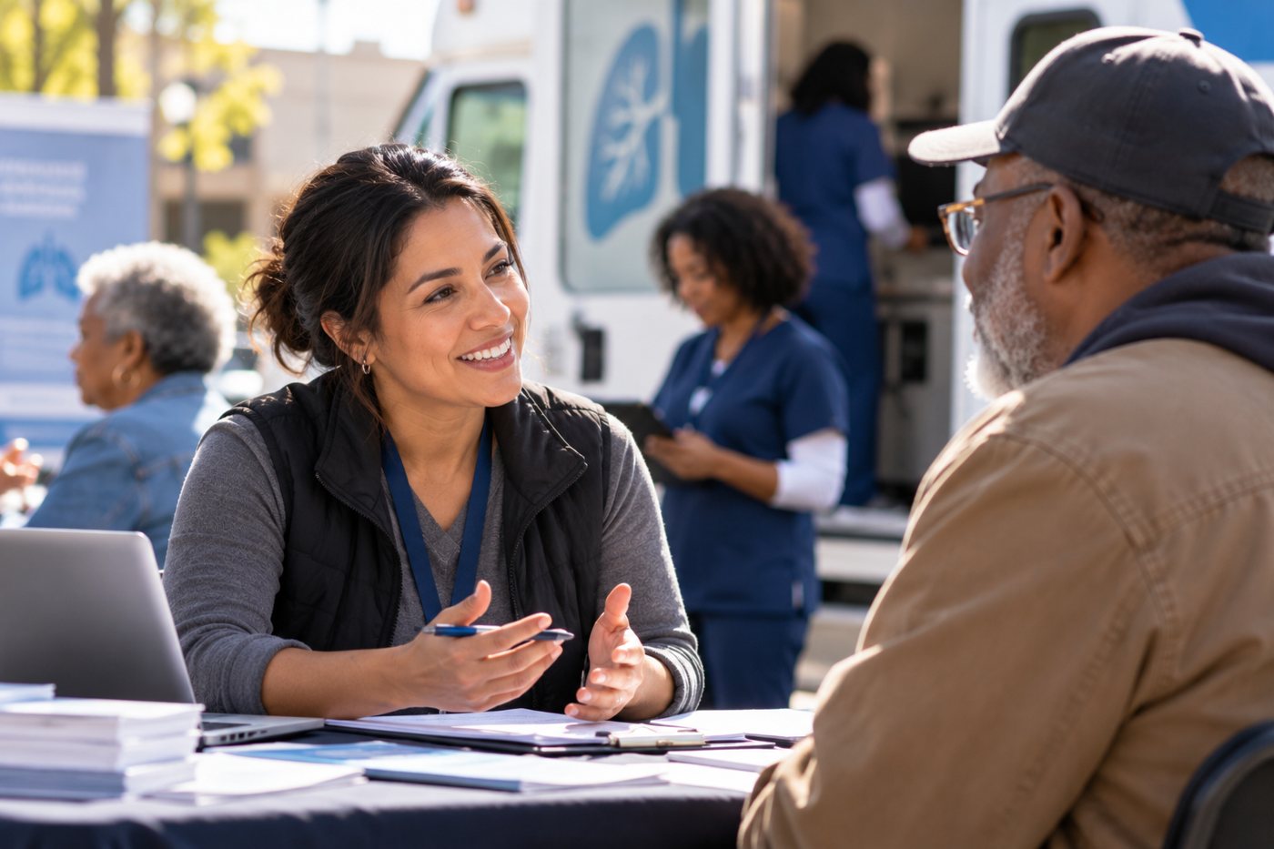 Neighbors talking together around a table at a community health event