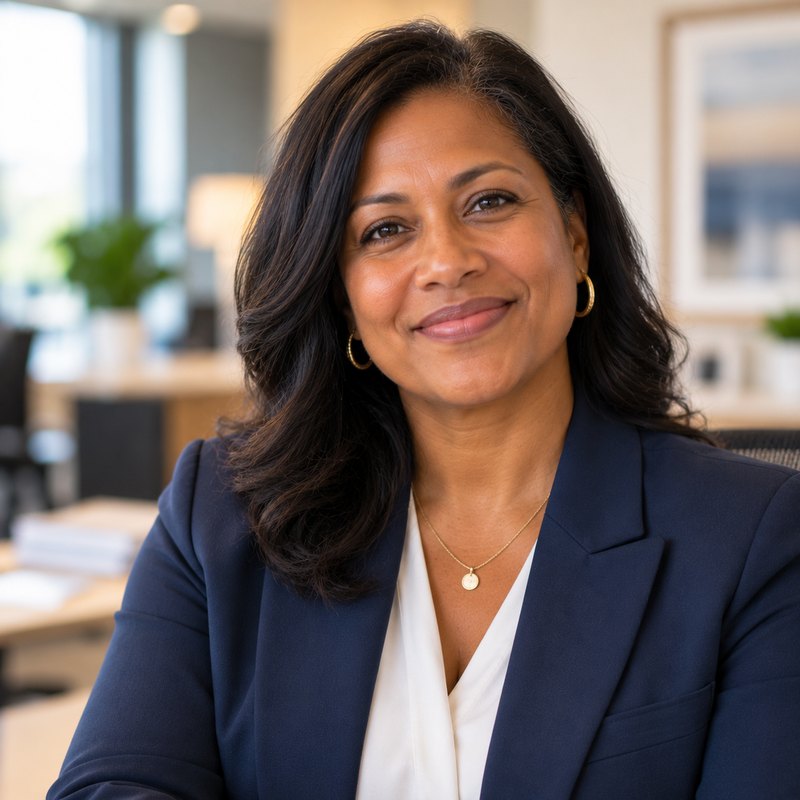 Smiling woman in a navy blazer in an office
