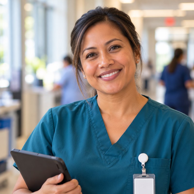 Smiling nurse in teal scrubs holding a tablet