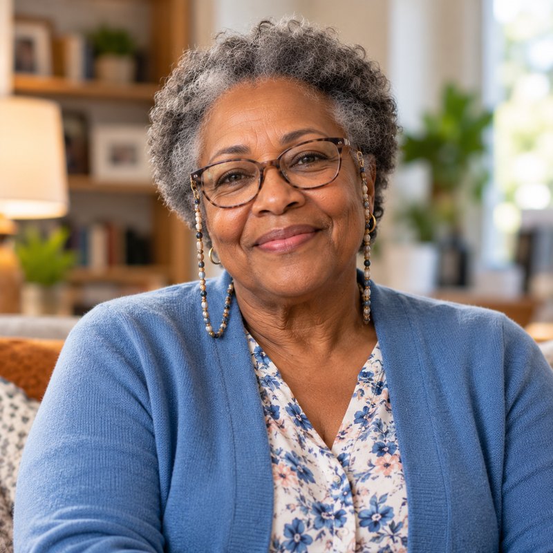 Smiling older woman in a blue cardigan at home